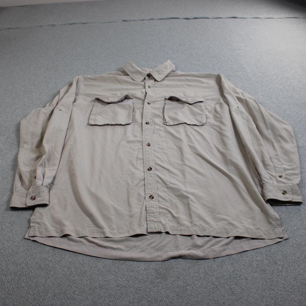 LL Bean Shirt Men Large Beige Nylon Button Roll Tab Sleeve Hiking Heritage Fish